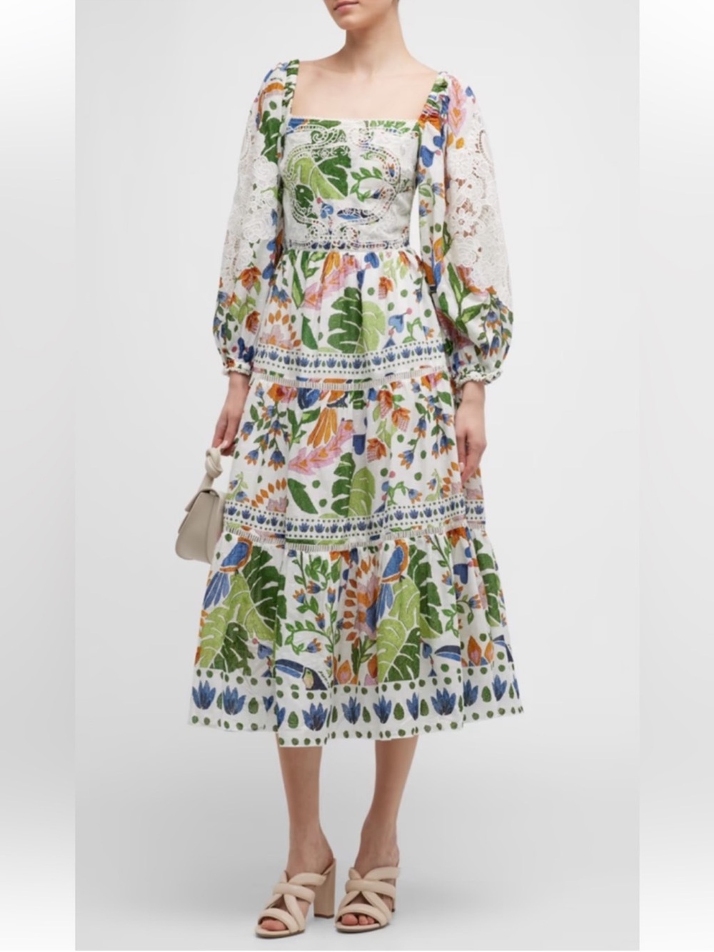 FARM Rio White Multi Botanical Tiered Midi Dress